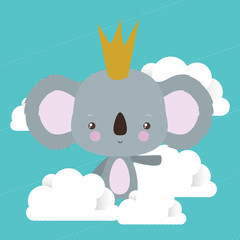 Cute koala with crown and clouds vector design