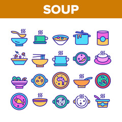 Soup Different Recipe Collection Icons Set Vector Thin Line. Delicious Soup With Vegetables And Mushrooms, With Fish And Shrimps Concept Linear Pictograms. Color Illustrations