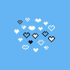 Pixel art cartoon white heart icon set.