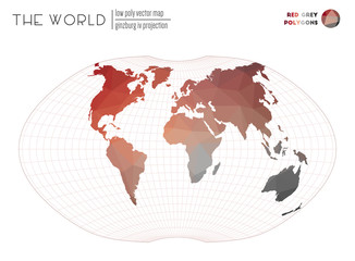 Vector map of the world. Ginzburg IV projection of the world. Red Grey colored polygons. Contemporary vector illustration.