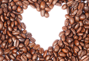 Bean coffee in isolated white background.Heart shaped space