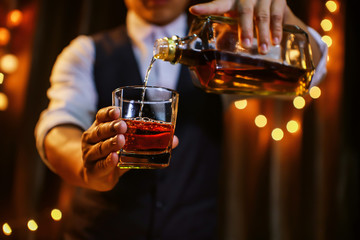 Bartender Serve Whiskey, on wood bar, 