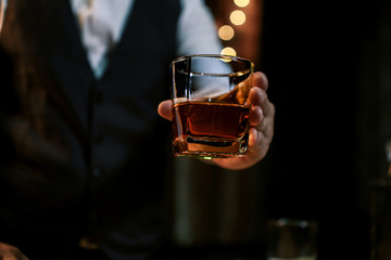 Bartender Serve Whiskey, on wood bar, 