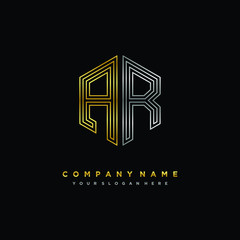 Initial letter AR, minimalist line art monogram hexagon logo, gold and silver color gradation