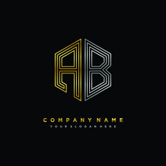 Initial letter AB, minimalist line art monogram hexagon logo, gold and silver color gradation
