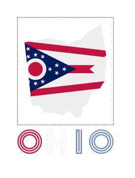 Ohio Logo. Map of Ohio with us state name and flag. Charming vector illustration.