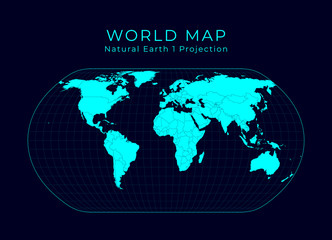 Map of The World. Natural Earth projection. Futuristic Infographic world illustration. Bright cyan colors on dark background. Charming vector illustration.
