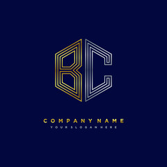 Initial letter BC, minimalist line art monogram hexagon logo, gold and silver color gradation