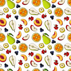  Pattern of seasonal berries and fruits. Whole, sliced, slices. Isolated white. Stock illustration.
