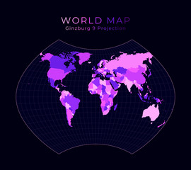 World Map. Ginzburg IX projection. Digital world illustration. Bright pink neon colors on dark background. Stylish vector illustration.