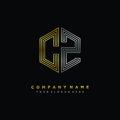 Initial letter CZ, minimalist line art monogram hexagon logo, gold and silver color gradation