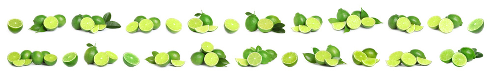 Fototapeta na wymiar Set of fresh ripe limes on white background. Banner design