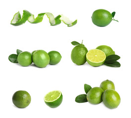 Set of fresh ripe limes on white background