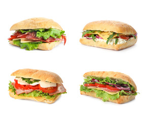 Set of delicious sandwiches on white background