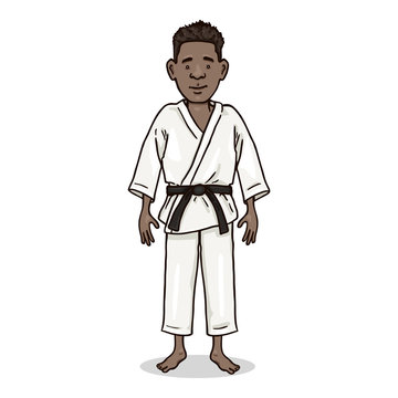 Vector Cartoon Character - Young Afroamerican Man in Karate Kimono