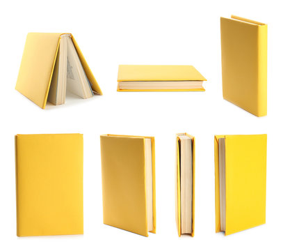 Set Of Yellow Cover Books On White Background