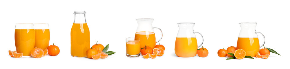 Set of delicious tangerine juice on white background. Banner design