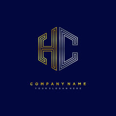 Initial letter HC, minimalist line art monogram hexagon logo, gold and silver color gradation