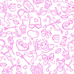 Seamless pattern on the theme of the Valentine's Day holiday, pink contour icons on white background