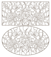 Set of contour illustrations of stained glass Windows with daffodils and butterflies flowers, oval and rectangular image, dark contours on a white background