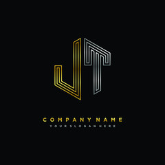Initial letter JT, minimalist line art monogram hexagon logo, gold and silver color gradation