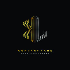 Initial letter KL, minimalist line art monogram hexagon logo, gold and silver color gradation