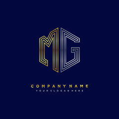Initial letter MG, minimalist line art monogram hexagon logo, gold and silver color gradation