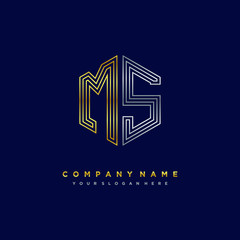 Initial letter MS, minimalist line art monogram hexagon logo, gold and silver color gradation
