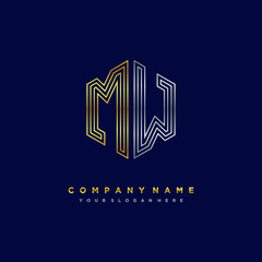 Initial letter MW, minimalist line art monogram hexagon logo, gold and silver color gradation
