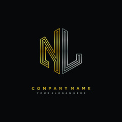 Initial letter NL, minimalist line art monogram hexagon logo, gold and silver color gradation