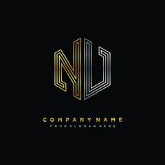 Initial letter NV, minimalist line art monogram hexagon logo, gold and silver color gradation