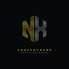 Initial letter NX, minimalist line art monogram hexagon logo, gold and silver color gradation