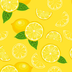 Fresh lemon fruit seamless pattern. Whole lemons, slices and green leaves on yellow background. Vector illustration of citrus in cartoon flat style and outline.