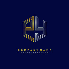 Initial letter PY, minimalist line art monogram hexagon logo, gold and silver color gradation
