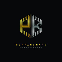 Initial letter PB, minimalist line art monogram hexagon logo, gold and silver color gradation