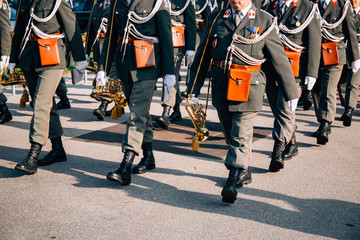 Soldiers of Austrian army marching during parade in sunny autumn day in Vienna