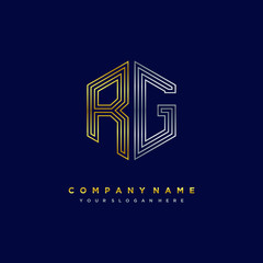 Initial letter RG, minimalist line art monogram hexagon logo, gold and silver color gradation