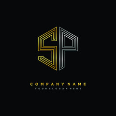 Initial letter SP, minimalist line art monogram hexagon logo, gold and silver color gradation