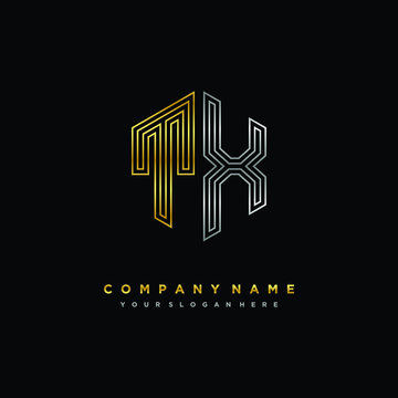 Initial letter TX, minimalist line art monogram hexagon logo, gold and silver color gradation