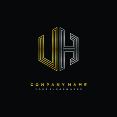Initial letter UH, minimalist line art monogram hexagon logo, gold and silver color gradation
