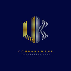 Initial letter UK, minimalist line art monogram hexagon logo, gold and silver color gradation