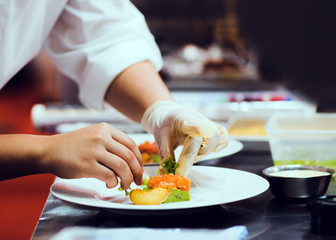 Chef cooking, Chef preparing food in the kitchen, Chef decorating dish, closeup.