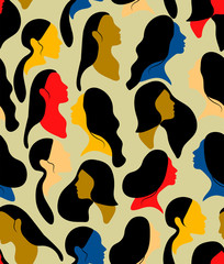 International Women's Day. Vector seamless pattern with women colorful faces. Flat illustration with colorful faces and black hair. Abstract art