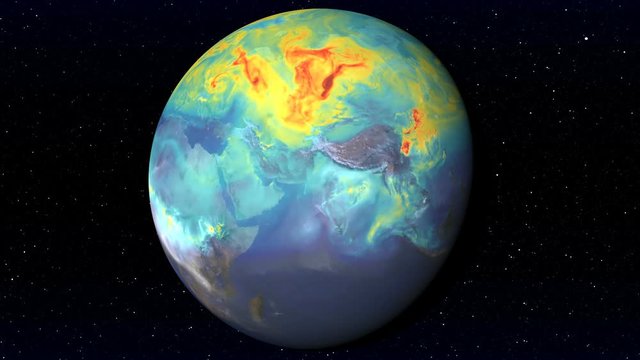 Earth Global Warming. Rotating earth globe showing concentration of carbon dioxide in the atmosphere. Built using animation by NASA