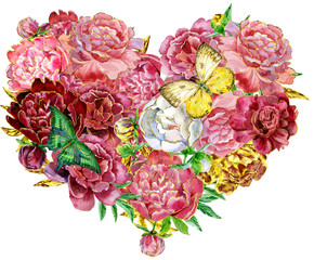 Watercolor heart of pink peonies with with butterflies and gold strokes