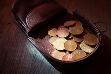 Coins in leather coin tray purse or wallet