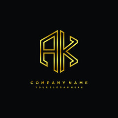 Initial letter AK, minimalist line art monogram hexagon logo, gold color