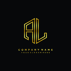 Initial letter AL, minimalist line art monogram hexagon logo, gold color