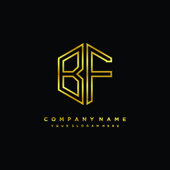Initial letter BF, minimalist line art monogram hexagon logo, gold color