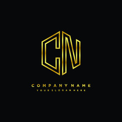 Initial letter CN, minimalist line art monogram hexagon logo, gold color